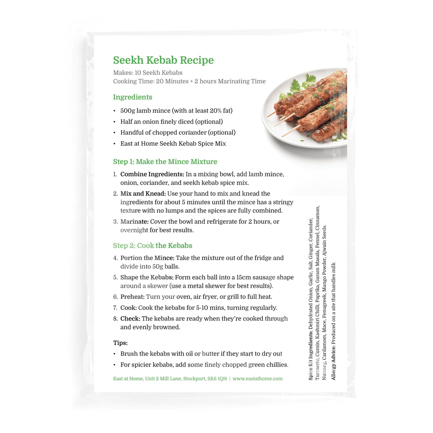Seekh Kebab Spice Kit Instructions
