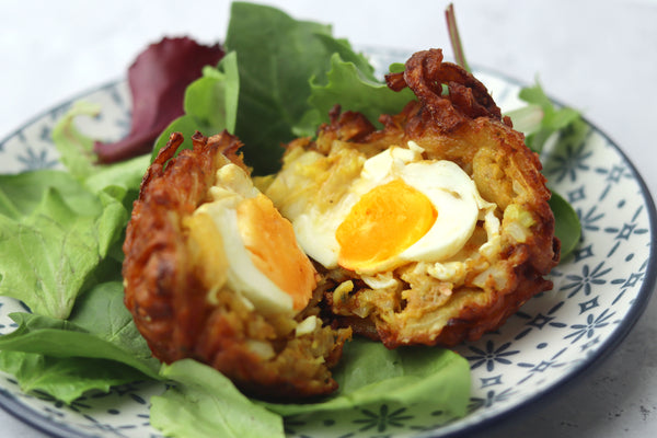 Scotch egg onion bhajis, soft boiled eggs wrapped in onion bhaji mixture
