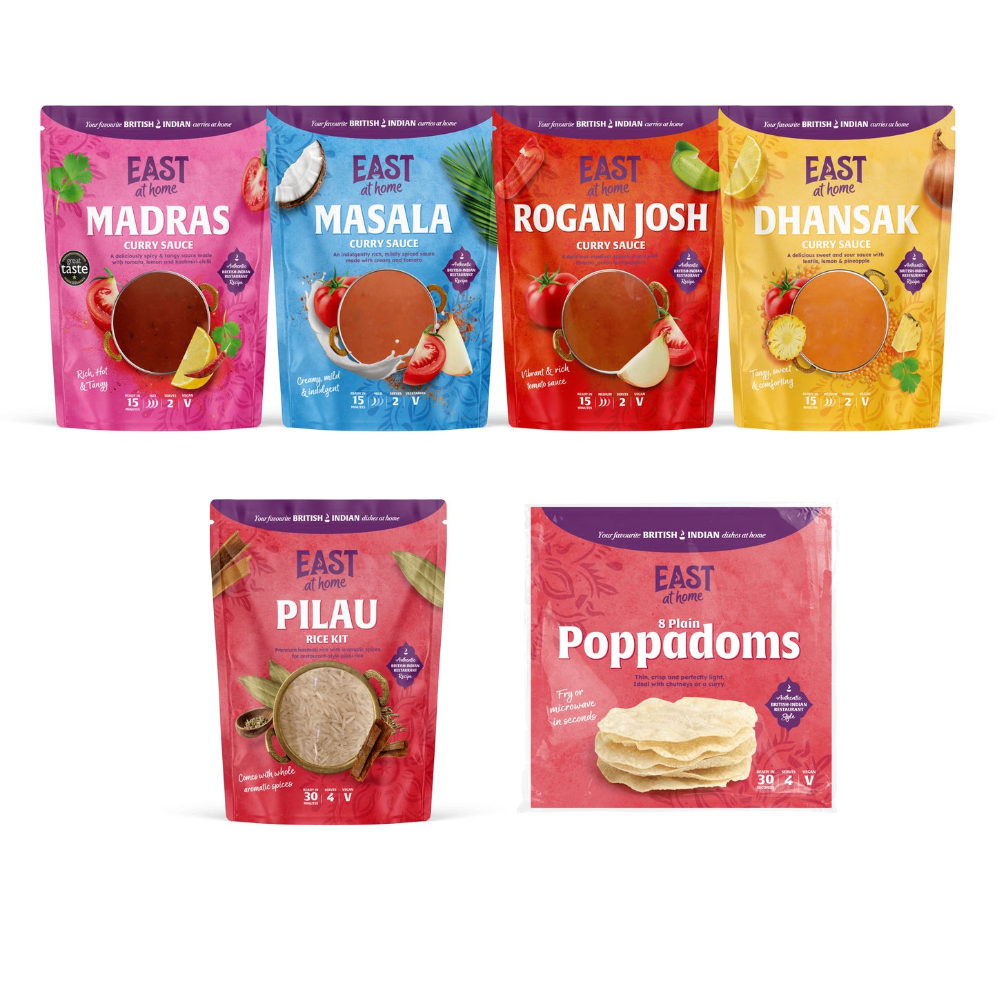 Match Night Curry Bundle – four East at Home curry sauces with pilau rice and poppadoms